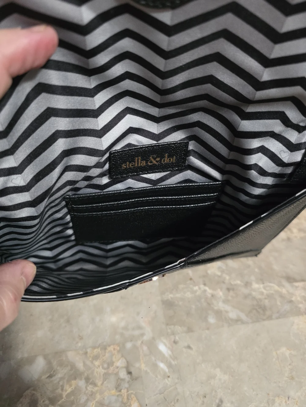 Stella & Dot Avalon Black Envelope Clutch Wristlet w/ Rose Gold Metal Accent